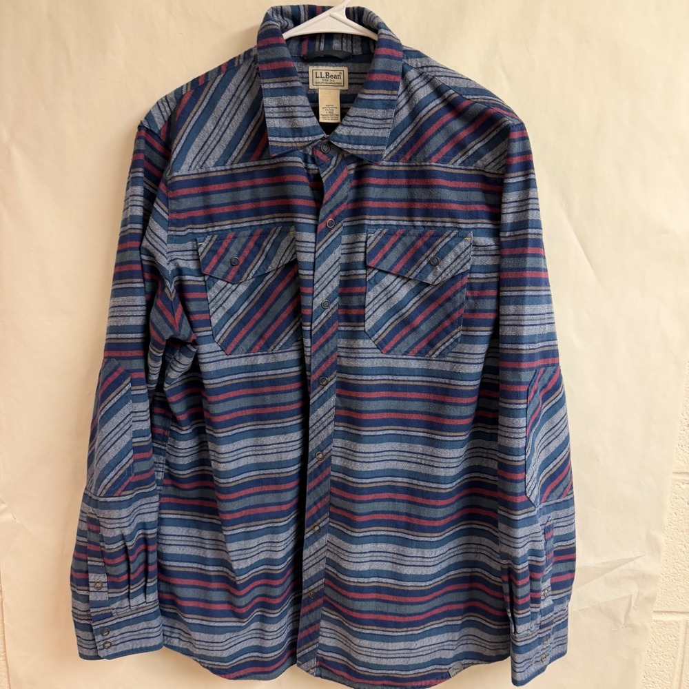 LL‎ Bean Mens Plaid Twill Western Katahdin Shirt L Aztec Snap Button Elbow Patch